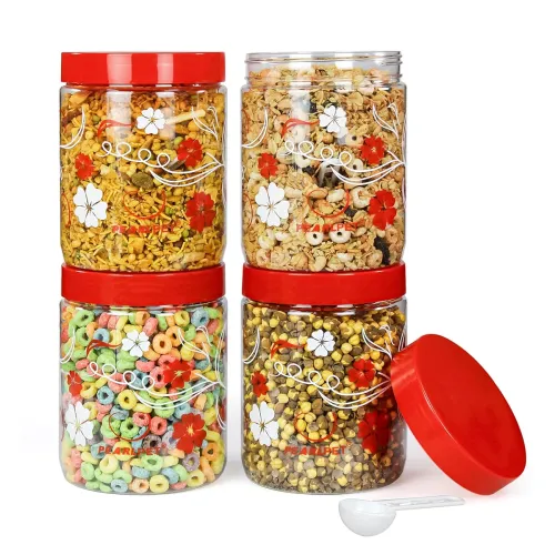 Image of PEARLPET Blossom Plastic Storage Jar Set (4 x 1500ml, Red)