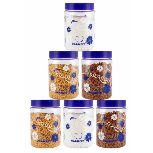 Image of PEARLPET Blossom 800ml Plastic Kitchen Jar Set (6 Pcs, Blue)
