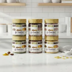 PEARLPET Coral Airtight Transparent Plastic Jars |Wood-Design Leak-Proof Caps |BPA-Free, Food Grade Kitchen Storage Jars for Home & Pantry, 200ml (Light brown, 6 pcs)