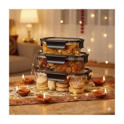 PEARLPET Luxeseal Airtight Food Storage Containers | 3-Piece Rectangular Jar Set | 400ml, 900ml, 1600ml | BPA-Free PET, Stackable, Festive Gift Set, Black