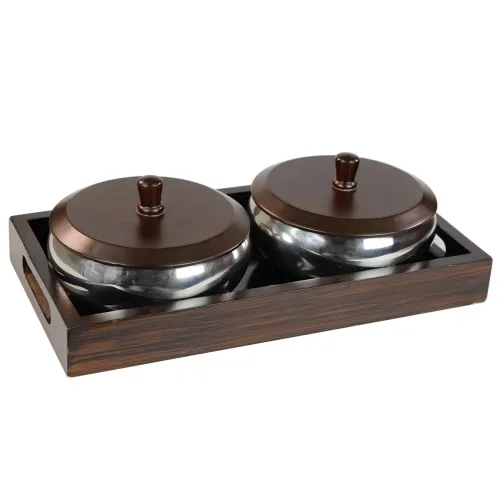 Image of PEARLPET Hazel Stainless Steel 2 Bowls Set(500ml) with Wooden Serving Tray & 2 Wooden Finish Lids, Gift Set, Dryfruit Ja