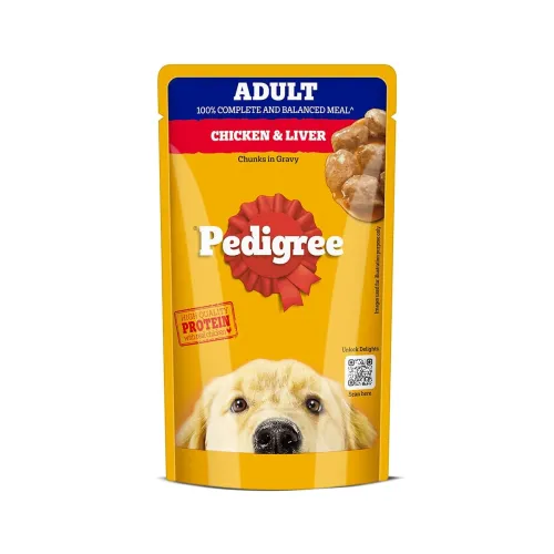 Image of Pedigree Adult Wet Dog Food, Chicken & Liver Chunks in Gravy, 130 g, Complete & Balanced Meal for Adult Dogs