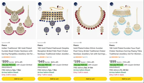 Image of Peora Gold Plated Kundan Choker Necklace at minimum 71% Discount