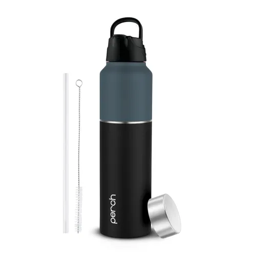 Image of Perch Magic ISI Certified Stainless Steel Water Bottle 1 Ltr | With Dual Cap and Straw Cleaner | Single-Wall Fridge Bott