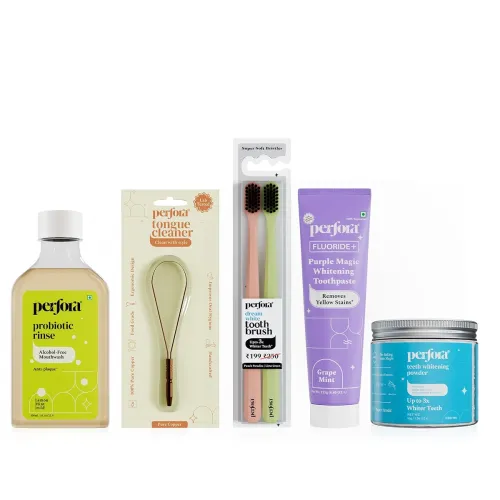 Image of Perfora Complete Oral Care Pack - Purple Magic Teeth Whitening Toothpaste, Triple Mint Whitening Powder, Alcohol Free Le