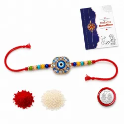 Periapt Rakhi for Brother – Evil Eye Design Coloful Stylish Rakhi for Brother with Silver Color Pooja Coin, Greeting Card & Tilak Set – Traditional Raksha Bandhan Gift Combo Pack (K1_1063)