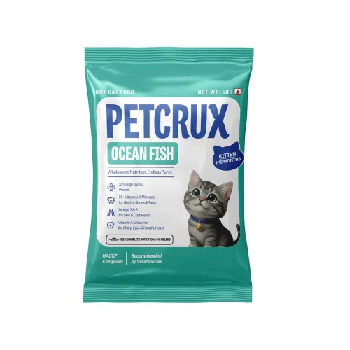 Image of Petcrux Dry Kitten Cat Food with Omega 3 & 6 and Taurine 50g