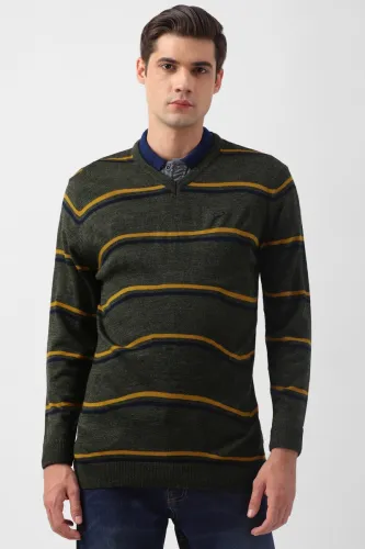 Image of PETER ENGLAND Men Striped V Neck Green Sweater