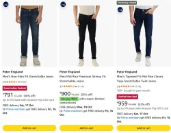 Peter England Mens Tapered Fit Mid Rise Classic Tape Stretchable Twill Jeans at