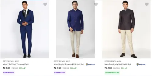 Image of Peter England Men's Readymade Suits at minimum 70% Discount