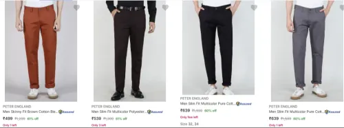 Image of Peter England Men's Trousers at minimum 60% Discount