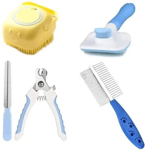 Image of Petfun SUMMER PET GROOMING KIT AUTO SLICKER NAIL CUTTER, SHAMPOO BRUSH 2 SIDE COMB Plain/ Bristle Brushes for Dog & Cat