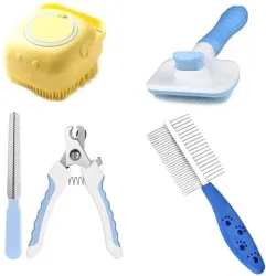 Petfun SUMMER PET GROOMING KIT AUTO SLICKER NAIL CUTTER, SHAMPOO BRUSH 2 SIDE COMB Plain/ Bristle Brushes for  Dog & Cat