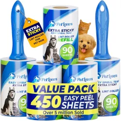 PetLovers Extra Sticky Lint Roller Mega Value Set 450 Sheets for Pet Hair Removal, Dog and Cat Lint Remover