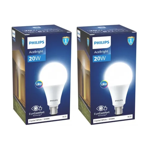 Image of Philips 20-watt LED Bulb | AceBright High Wattage LED Bulb|Base: B22, Light Bulb for Home | Crystal White, Pack of 2