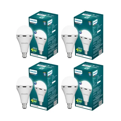 Image of Philips 20W Emergency Bulb | Rechargeable Emergency Bulb for Power Cuts | Backup : upto 3hrs, Crystal White, Pack of 4, 