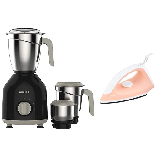 Image of Philips HL7756/00 Mixer Grinder, 750W, 3 Jars (Black) & Classic GC097/50 750-Watt Dry Iron (Peach)