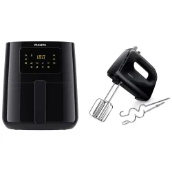 PHILIPS Digital Air Fryer HD9252/90 with Touch Panel, uses up to 90% less fat, 7 Pre-set Menu, 1400W, 4.1 Liter, with Rapid Air Technology (Black), Large & HR3705/10 300-Watt Hand Mixer