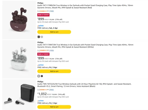 Image of Philips Earbuds at minimum 70% Discount