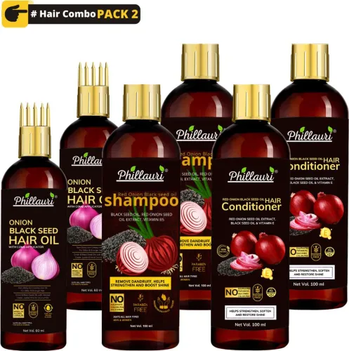 Image of Phillauri Red Onion Black Seed Oil Hair Care Kit (Shampoo + Hair Conditioner + Hair Oil) (6 Items in the set)