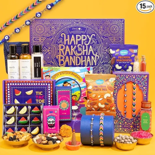 Image of Phool Rakhi Premium Gift Box (15 Items – Rakhis, Grooming, Dry Fruits & More) 