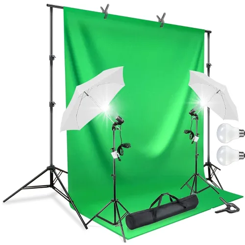 Image of Photography Continuous Umbrella Studio Lighting Kit with Chromakey Green Screen Photo Background Backdrop Stand 