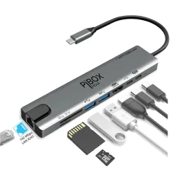 pibox India USB C Hub Dock 8 in 1 Aluminum Type C Adapter with 4K HDMI Port, Ethernet 100mbps RJ45 Port, 2 USB 3.0 Ports