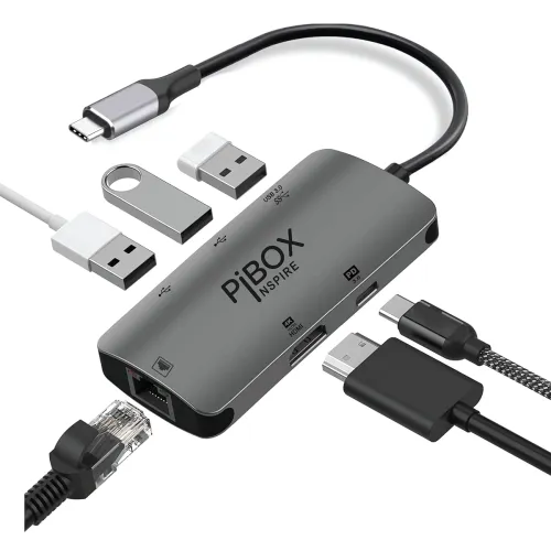 Image of USB C Hub Dock - PiBOX India 6 in 1 Aluminum Type C Adapter with HDCP Support 4K HDMI Port, Ethernet 100mbps RJ45 Port, 