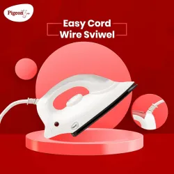 Pigeon 1000 Watts Dry Iron Greblon Dual Non Sick Sole Plate with German Coating Technology |