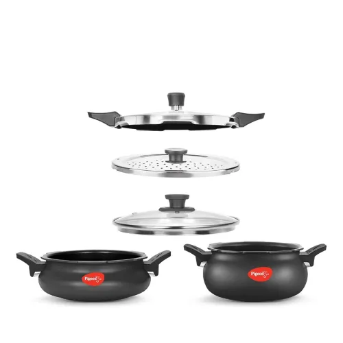 Image of Pigeon All in One Value Pack Hard Anodized Super Cooker with Induction Base Outer Lid, 5 Litre and 3 Litre, 3 Lids (Pres