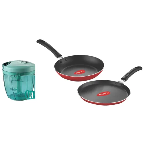 Image of Pigeon Aluminium Nonstick Duo Pack Flat Tawa 250 and Fry Pan 200 Gift Set (Red) Handy Chopper