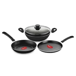 Pigeon Basics Induction Base Non Stick Aluminium Cookware Set ( Flat Tawa, Kadai with Glass Lid, and Frying Pan )