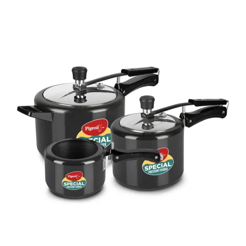 Image of Pigeon by Stovekraft Aluminium Hard Anodized Pressure Cooker Combo with Induction Base Inner Lid - 2,3,5 litre 14455 (Si