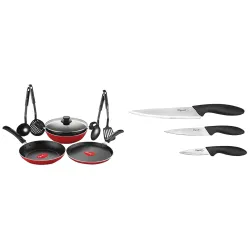 Pigeon by Stovekraft Mio Aluminium Gift Set, Red (8 Pieces) + by Stovekraft Stainless Steel Kitchen Knives Set, 3-Pieces