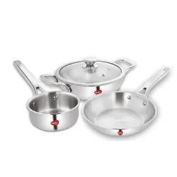 Pigeon Elite Stainless Steel Triply 4 Pcs Gift Set - 22cm (2L) Kadai, 22cm (1L) Frypan and 14cm (1.1L) Saucepan, Less Oil Use, Easy to Clean - Induction and Gas Stove Compatible - Silver