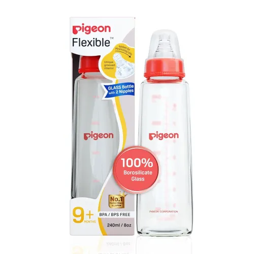 Image of Pigeon Flexible Glass Feeding Bottle 240ml (Red, 9+ Months)