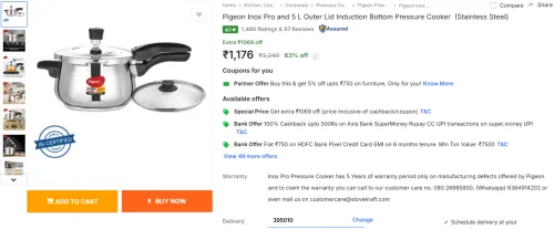 Image of Pigeon Inox Pro and 5 L Outer Lid Induction Bottom Pressure Cooker  (Stainless Steel)