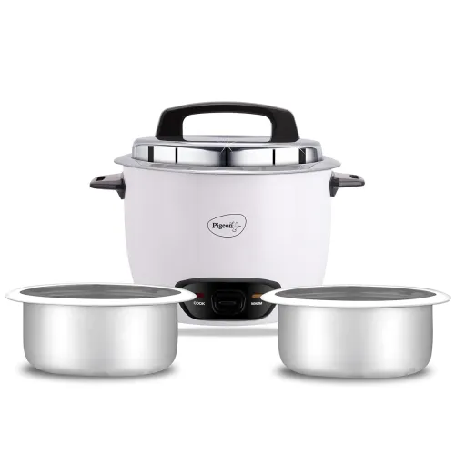 Image of Pigeon by Stovekraft Joy Rice Cooker with Double pot, 1 litres. (White) | Toughened Glass Lid | 400 Watts | 2 Aluminium 