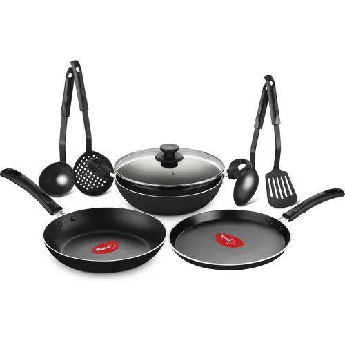 Image of Pigeon Mio Nonstick Aluminum Cookware Gift Set, Includes Flat Tawa, Fry Pan, Kadai with Glass Lid, Kitchen Tool Set, Bla
