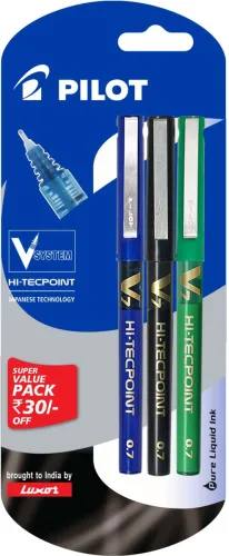 Image of PILOT V7 (1 Blue+ 1 Black+1 Green) Roller Ball Pen (Pack of 3)