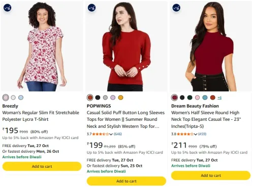 Image of PINACOLADA Maroon Women Round Neck Quarter Sleeve T-Shirt at minimum 70%