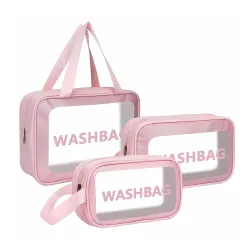 Pink PVC Transparent Toiletry Wash Bag Combo Set of 3 Pouch for Travel