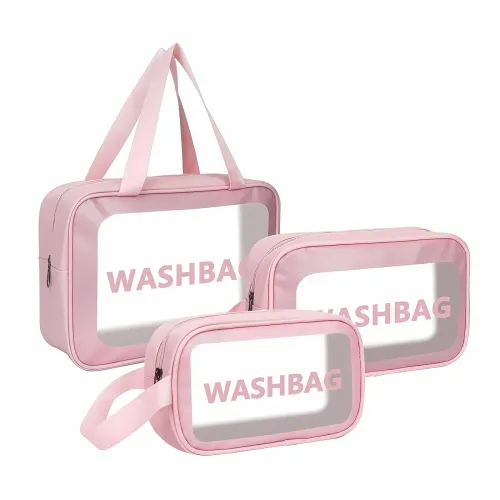 Image of Pink Transparent Toiletry Bag Set Waterproof