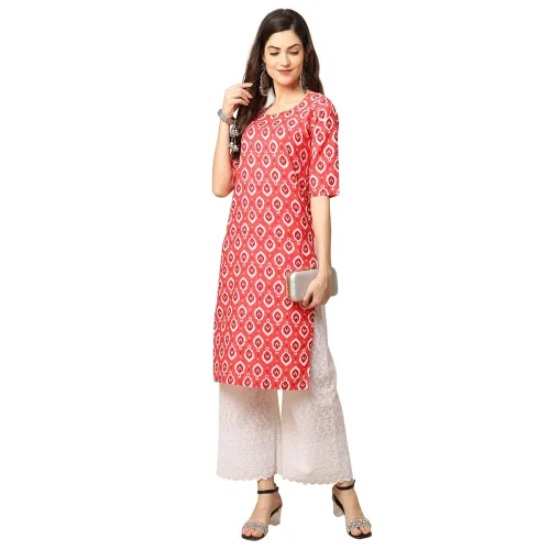 Image of Pinkmint Women's Crepe Peach Color Block Printed Straight Kurti (530346-XXL)