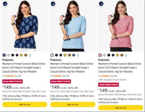 Image of Pinkmint Women’s Printed Cotton Blend Short Kurti | 3/4 Sleeve Straight Style