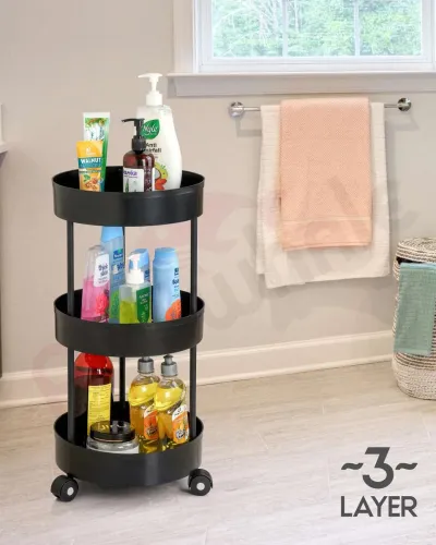 Image of Pinkwhale 3 Compartments Plastic Round Shape Storage Trolly (Black)