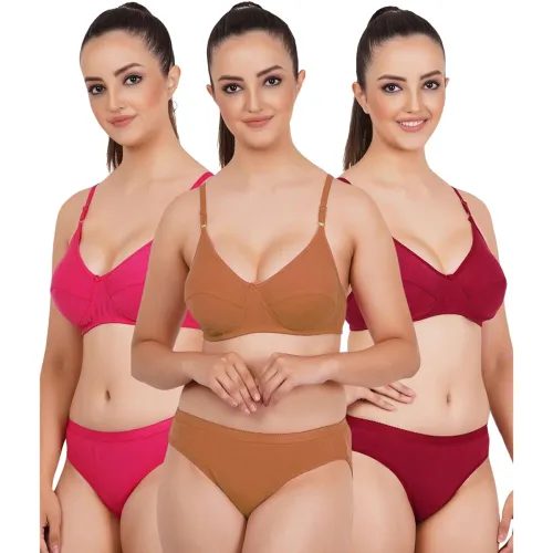 Image of PIONIYA Women’s Soft Cotton Bra & Panty Set Pack of 3 | Seamless Non-Padded Lingerie Set | Adjustable Straps | Everyday 