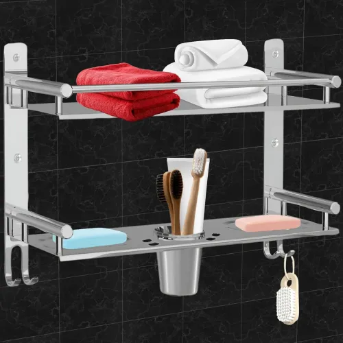 Image of Pivalo 304 Grade Stainless Steel Towel Holder Double Layer Chrome Finish Stand Hanger Wall Mount 