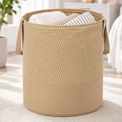 Pivalo 45L Foldable Laundry Basket Round Freestanding Laundry-Bag with Handles Wave Print Non-Woven Lined Organizer Bin Collapsible Hamper for Bedroom Blanket Bathroom Cloth Toy Storage (1Pc, Beige)
