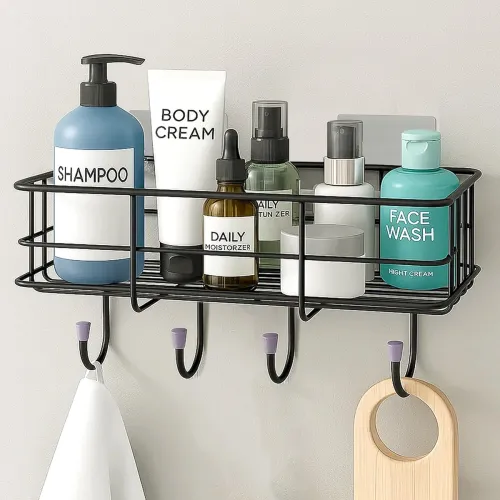 Image of Plantex Bathroom Organiser Without Drill/GI Steel Self Adhesive Bathroom Shelf/Bathroom Stand for Wall/Bathroom Accessor